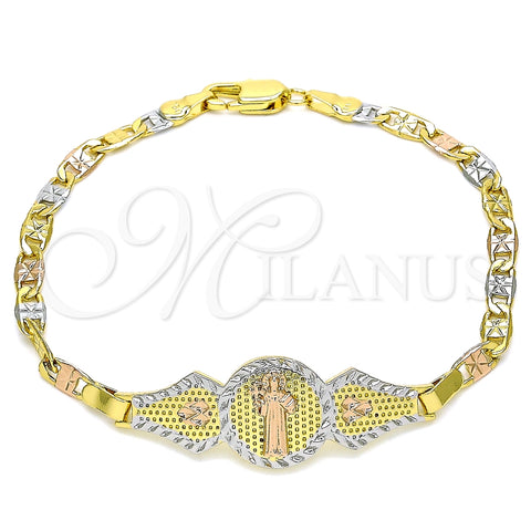 Pulsera Elegante 03.253.0052.08 Oro Laminado, Diseño de San Benito y Corazón, Pulido, Tres Tonos (04 MM Thickness, 8 Inches Length)