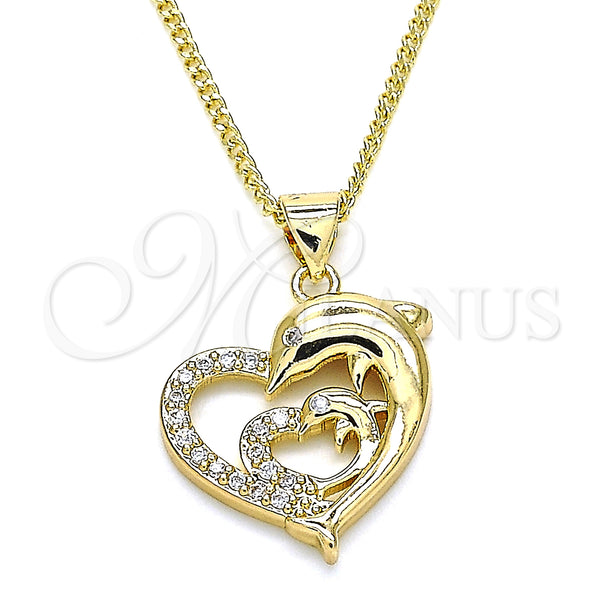 Collares con Dije 04.344.0001.18 Oro Laminado, Diseño de Corazón y Delfín, con Blanca and Negro Micro Pave, Pulido, Tono Dorado (02 MM Thickness, 18 Inches Length)