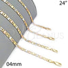Gargantilla Basica 04.65.0208.24 Oro Laminado, Diseño de Pave Mariner, Diamantado, Tres Tonos (04 MM Thickness, 24 Inches Length)