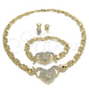 Collar, Pulsera y Dije 06.372.0011 Oro Laminado, Diseño de Corazón y Besos y Abrazos, con Blanca Cristal, Pulido, Tono Dorado