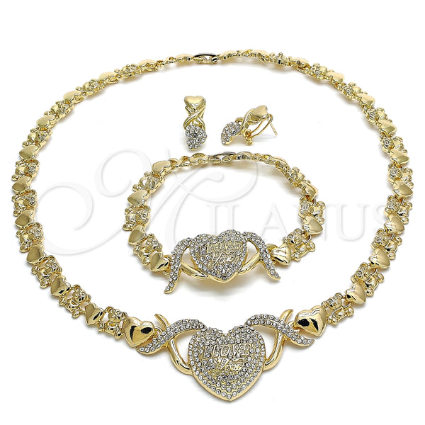 Collar, Pulsera y Dije 06.372.0011 Oro Laminado, Diseño de Corazón y Besos y Abrazos, con Blanca Cristal, Pulido, Tono Dorado