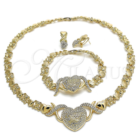 Collar, Pulsera y Dije 06.372.0011 Oro Laminado, Diseño de Corazón y Besos y Abrazos, con Blanca Cristal, Pulido, Tono Dorado