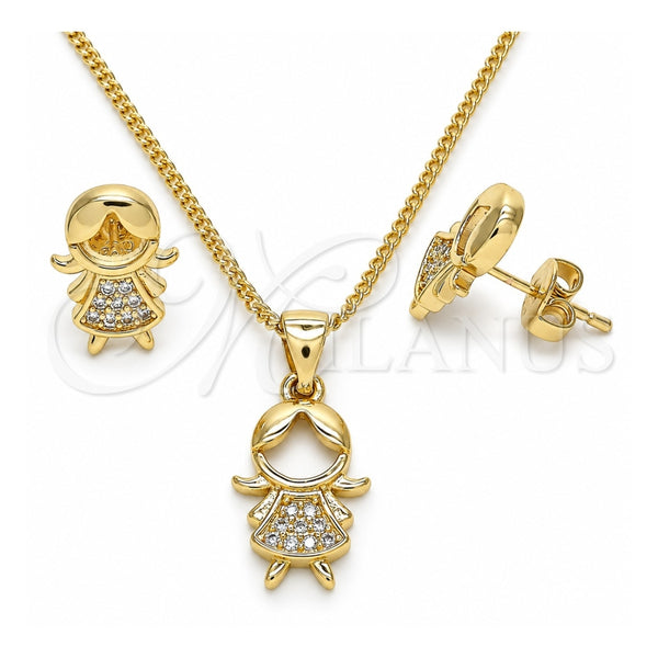 Juego de Arete y Dije de Adulto 10.156.0223 Oro Laminado, Diseño de Niñita Pequeña, con Blanca Micro Pave, Pulido, Tono Dorado