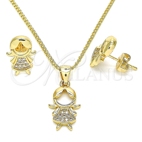 Juego de Arete y Dije de Adulto 10.156.0223 Oro Laminado, Diseño de Niñita Pequeña, con Blanca Micro Pave, Pulido, Tono Dorado