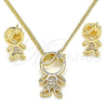Juego de Arete y Dije de Adulto 10.156.0226 Oro Laminado, Diseño de Niñito Pequeño, con Micro Pave Blanca, Pulido, Tono Dorado