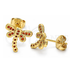 Arete Dormilona 02.156.0396.1 Oro Laminado, Diseño de Libélula, con Micro Pave Granate, Pulido, Tono Dorado
