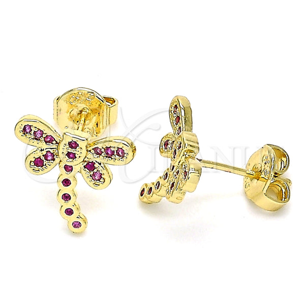 Arete Dormilona 02.156.0396.3 Oro Laminado, Diseño de Libélula, con Rubi Micro Pave, Pulido, Tono Dorado
