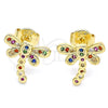 Arete Dormilona 02.156.0396.4 Oro Laminado, Diseño de Libélula, con Multicolor Micro Pave, Pulido, Tono Dorado