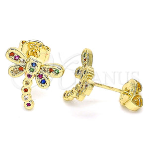 Arete Dormilona 02.156.0396.4 Oro Laminado, Diseño de Libélula, con Multicolor Micro Pave, Pulido, Tono Dorado