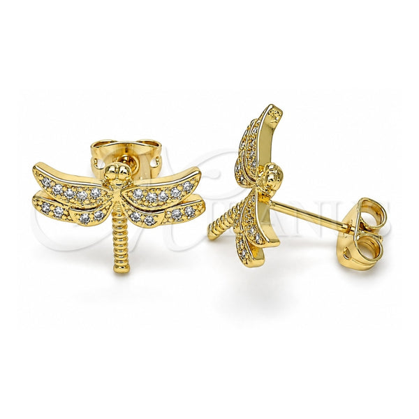 Arete Dormilona 02.342.0072 Oro Laminado, Diseño de Libélula, con Micro Pave Blanca, Pulido, Tono Dorado