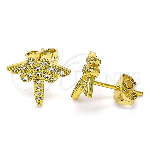 Arete Dormilona 02.342.0073 Oro Laminado, Diseño de Libélula, con Blanca Micro Pave, Pulido, Tono Dorado