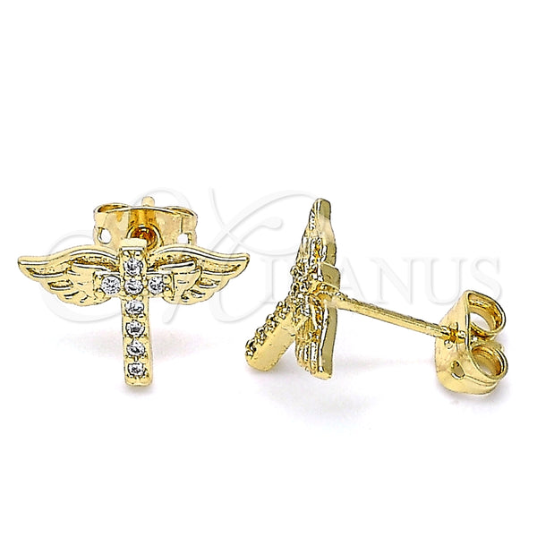 Arete Dormilona 02.342.0077 Oro Laminado, Diseño de Cruz, con Blanca Micro Pave, Pulido, Tono Dorado