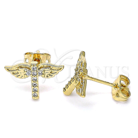 Arete Dormilona 02.342.0077 Oro Laminado, Diseño de Cruz, con Blanca Micro Pave, Pulido, Tono Dorado
