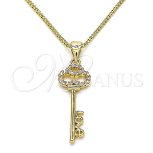 Collares con Dije 04.342.0017.20 Oro Laminado, Diseño de Llave y Amor, con Blanca Micro Pave, Pulido, Tono Dorado (01 MM Thickness, 20 Inches Length)