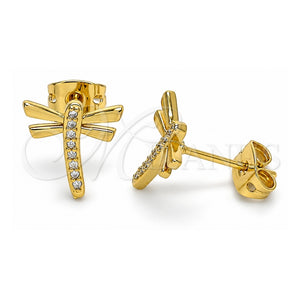 Arete Dormilona 02.342.0079 Oro Laminado, Diseño de Libélula, con Micro Pave Blanca, Pulido, Tono Dorado