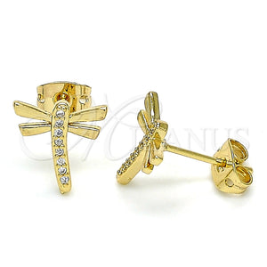 Arete Dormilona 02.342.0079 Oro Laminado, Diseño de Libélula, con Blanca Micro Pave, Pulido, Tono Dorado