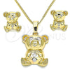 Juego de Arete y Dije de Adulto 10.185.0009 Oro Laminado, Diseño de Osito, con Zirconia Cubica Blanca, Pulido, Tono Dorado