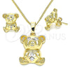 Juego de Arete y Dije de Adulto 10.185.0009 Oro Laminado, Diseño de Osito, con Zirconia Cubica Blanca, Pulido, Tono Dorado