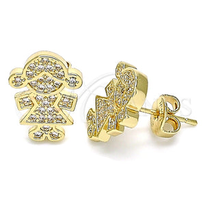 Arete Dormilona 02.156.0419 Oro Laminado, Diseño de Niñita Pequeña, con Blanca Micro Pave, Pulido, Tono Dorado