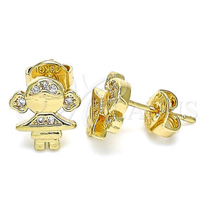 Arete Dormilona 02.156.0421 Oro Laminado, Diseño de Niñita Pequeña, con Blanca Micro Pave, Pulido, Tono Dorado