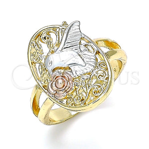 Anillo Elegante 01.351.0012.08 Oro Laminado, Diseño de Pajaro y Flor, Pulido, Tres Tonos (Size 8)
