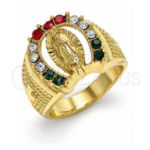 Anillo de Hombre 01.351.0017.10 Oro Laminado, Diseño de Guadalupe, con Cristal Multicolor, Pulido, Tono Dorado (Tamaño 10)