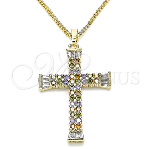 Collares con Dije 04.284.0023.3.20 Oro Laminado, Diseño de Cruz y Baguette, con Multicolor Micro Pave, Pulido, Tono Dorado (01 MM Thickness, 20 Inches Length)