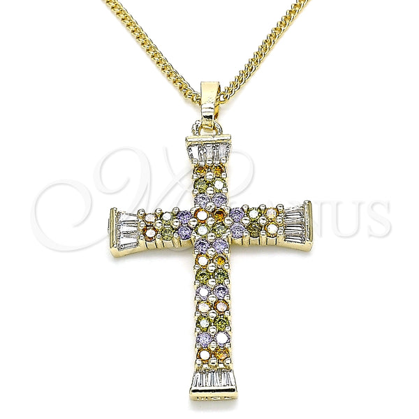 Collares con Dije 04.284.0023.3.20 Oro Laminado, Diseño de Cruz y Baguette, con Multicolor Micro Pave, Pulido, Tono Dorado (01 MM Thickness, 20 Inches Length)