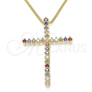 Collares con Dije 04.284.0024.3.18 Oro Laminado, Diseño de Cruz, con Multicolor Micro Pave, Pulido, Tono Dorado (01 MM Thickness, 18 Inches Length)