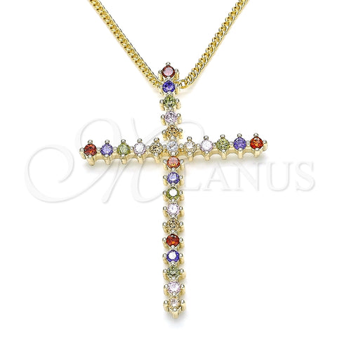 Collares con Dije 04.284.0024.3.18 Oro Laminado, Diseño de Cruz, con Multicolor Micro Pave, Pulido, Tono Dorado (01 MM Thickness, 18 Inches Length)