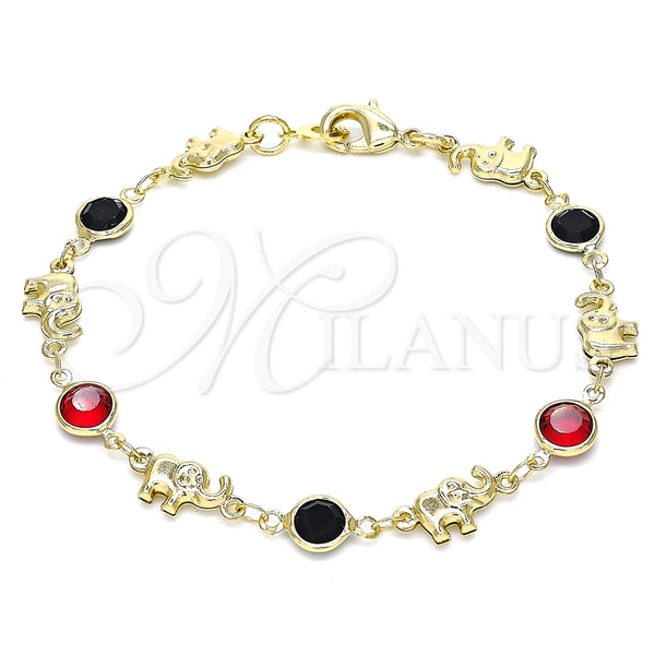 Pulsera Elegante 03.213.0093.08 Oro Laminado, Diseño de Elefante, con Granate and Negro Cristal, Pulido, Tono Dorado (07 MM Thickness, 8 Inches Length)