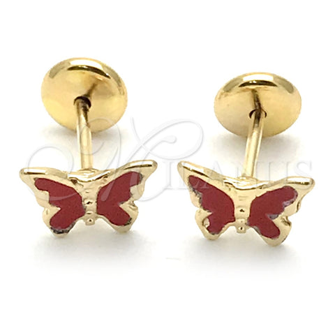 Arete Dormilona 02.09.0198 Oro Laminado, Diseño de Mariposa, Esmaltado Rojo, Tono Dorado