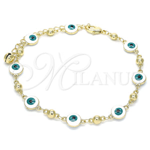 Tobillera Elegante 03.213.0018.1.10 Oro Laminado, Diseño de Ojo Griego, Esmaltado Blanco, Tono Dorado (08 MM Thickness, 10 Inches Length)