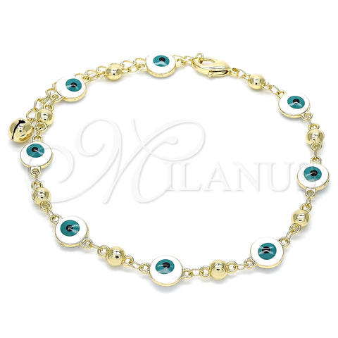 Tobillera Elegante 03.213.0018.1.10 Oro Laminado, Diseño de Ojo Griego, Esmaltado Blanco, Tono Dorado (08 MM Thickness, 10 Inches Length)