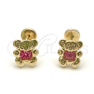 Arete Dormilona 02.09.0204 Oro Laminado, Diseño de Osito, con Rosado Zirconia Cubica, Pulido, Tono Dorado