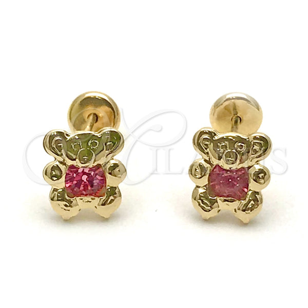 Arete Dormilona 02.09.0204 Oro Laminado, Diseño de Osito, con Rosado Zirconia Cubica, Pulido, Tono Dorado