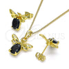 Juego de Arete y Dije de Adulto 10.379.0003 Oro Laminado, Diseño de Abeja, con Negro Cristal, Pulido, Tono Dorado
