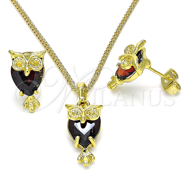Juego de Arete y Dije de Adulto 10.379.0008.1 Oro Laminado, Diseño de Búho, con Granate Cristal, Pulido, Tono Dorado