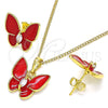 Juego de Arete y Dije de Adulto 10.379.0009.1 Oro Laminado, Diseño de Mariposa, con Blanca Cristal, Esmaltado Rojo, Tono Dorado