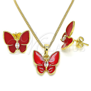 Juego de Arete y Dije de Adulto 10.379.0009.1 Oro Laminado, Diseño de Mariposa, con Blanca Cristal, Esmaltado Rojo, Tono Dorado