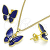 Juego de Arete y Dije de Adulto 10.379.0009.2 Oro Laminado, Diseño de Mariposa, con Blanca Cristal, Esmaltado Azul, Tono Dorado