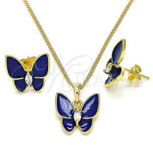 Juego de Arete y Dije de Adulto 10.379.0009.2 Oro Laminado, Diseño de Mariposa, con Blanca Cristal, Esmaltado Azul, Tono Dorado