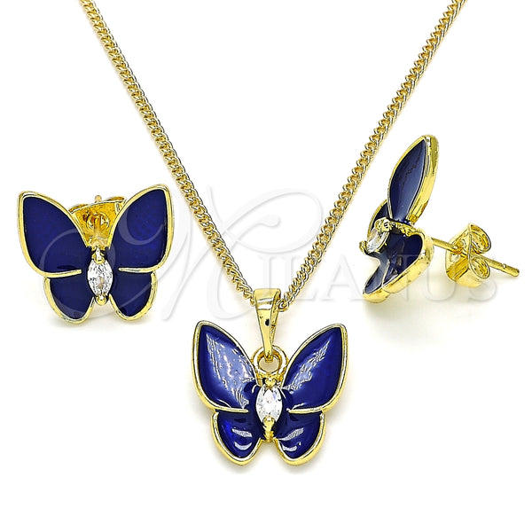 Juego de Arete y Dije de Adulto 10.379.0009.2 Oro Laminado, Diseño de Mariposa, con Blanca Cristal, Esmaltado Azul, Tono Dorado