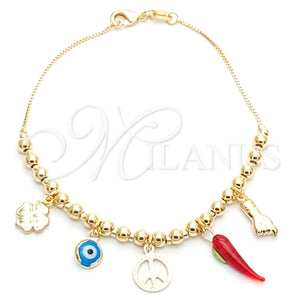 Pulsera de Dije 03.32.0262.07 Oro Laminado, Diseño de Trébol de Cuatro Hojas y Manos, Pulido, Tono Dorado