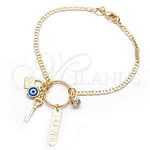 Pulsera de Dije 03.32.0266.07 Oro Laminado, Diseño de Llave y Mariner, con Blanca Zirconia Cubica, Pulido, Tono Dorado