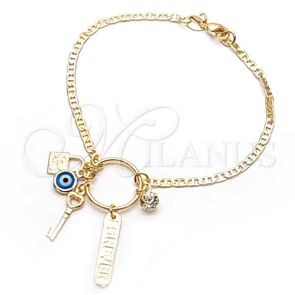 Pulsera de Dije 03.32.0266.07 Oro Laminado, Diseño de Llave y Mariner, con Blanca Zirconia Cubica, Pulido, Tono Dorado