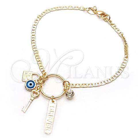 Pulsera de Dije 03.32.0266.07 Oro Laminado, Diseño de Llave y Mariner, con Blanca Zirconia Cubica, Pulido, Tono Dorado