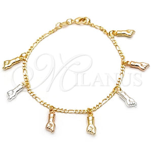 Pulsera de Dije 03.32.0269.07 Oro Laminado, Diseño de Manos y Figaro Concave, Pulido, Tres Tonos