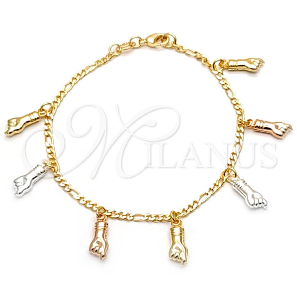 Pulsera de Dije 03.32.0269.07 Oro Laminado, Diseño de Manos y Figaro Concave, Pulido, Tres Tonos