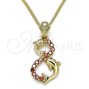 Collares con Dije 04.346.0019.1.20 Oro Laminado, Diseño de Delfín, con Granate and Blanca Zirconia Cubica, Pulido, Tono Dorado (01 MM Thickness, 20 Inches Length)